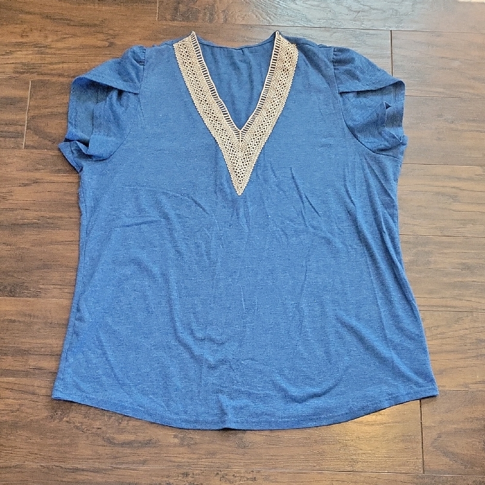 Blue V-Neck Crochet Trim Women's Top